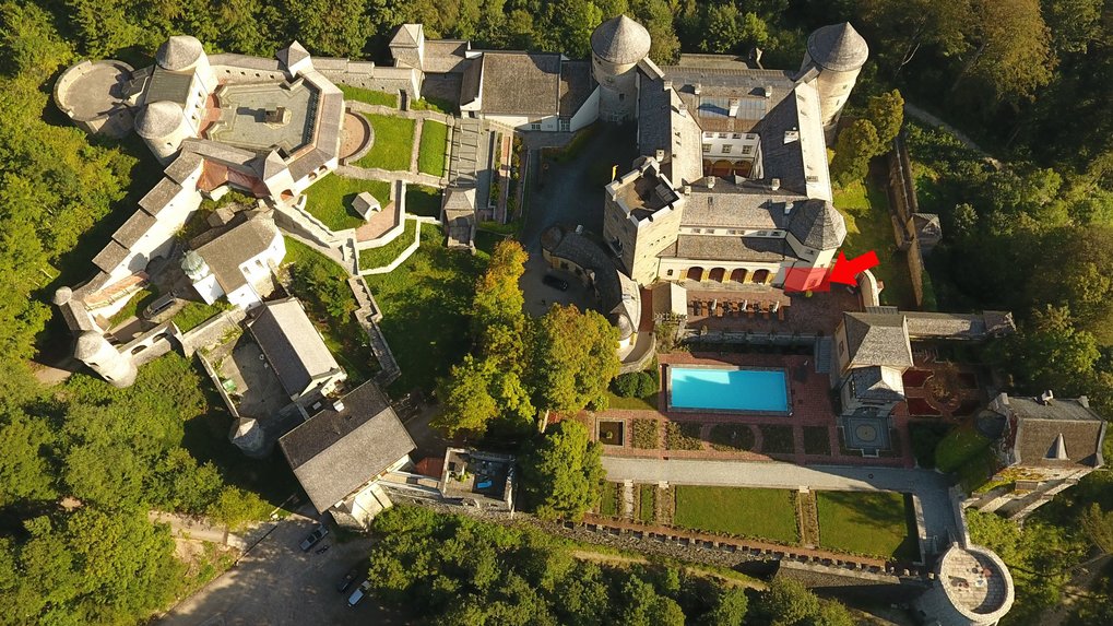 It is located on the first floor of the main house next to the garden room.