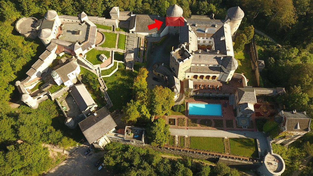 It is located on the 2nd floor of the main house in the left tower