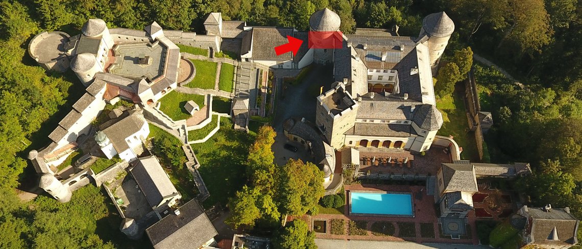 It is located on the 2nd floor of the main house in the left tower